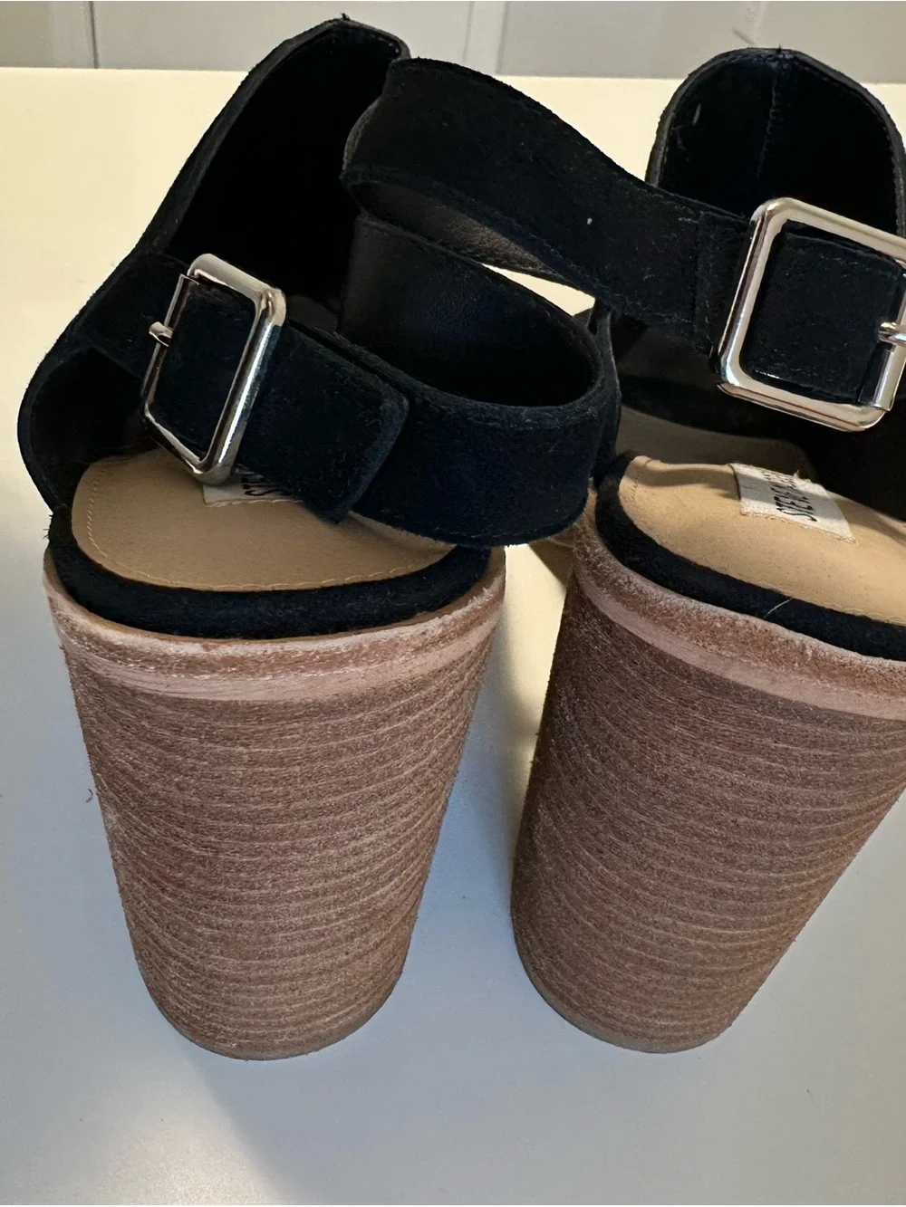 Steven Madden Black Suede Peep Toe Slingback Heels | Wood Block Heels | - Picture 7 of 14